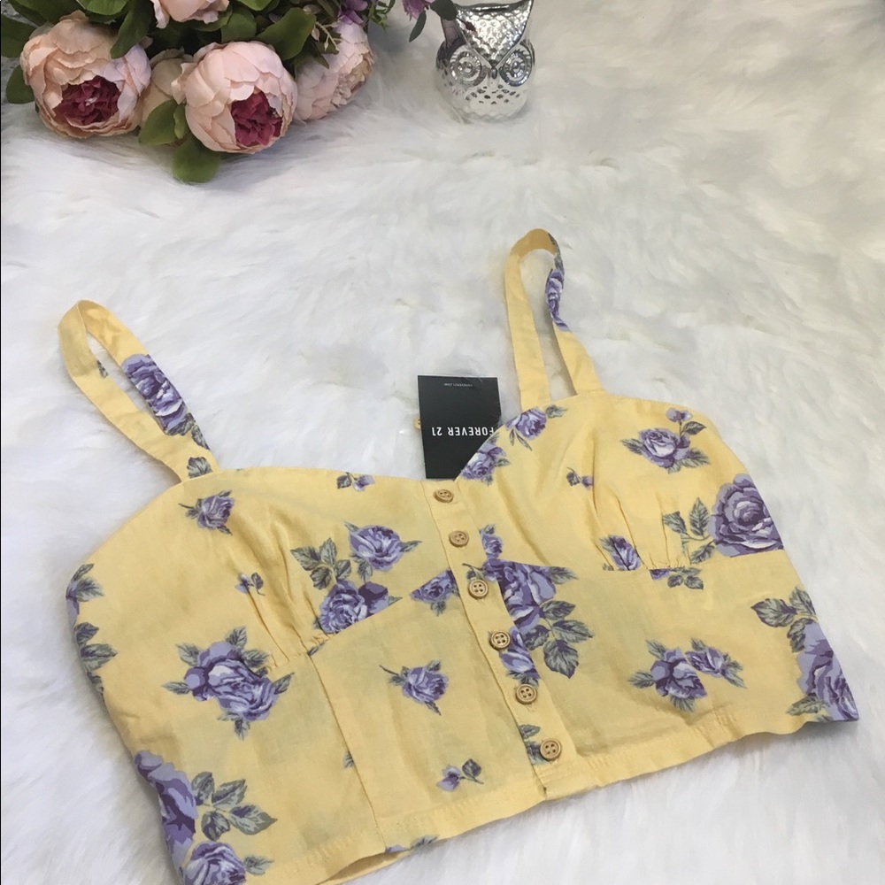 F21 Crop Top floral print yellow size M - Picture 4 of 5
